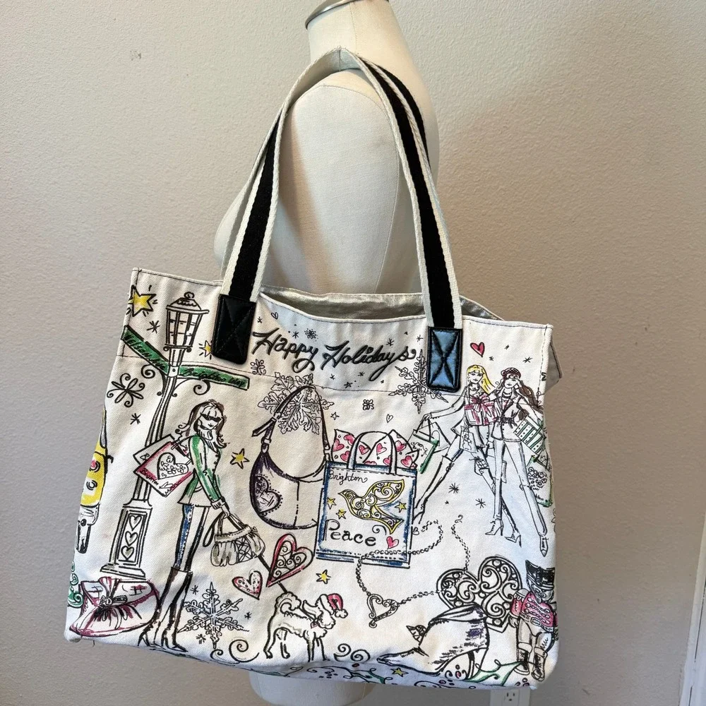 Brighton Happy Holidays Canvas Tote Bag White Multi Fashion Sketch Christmas